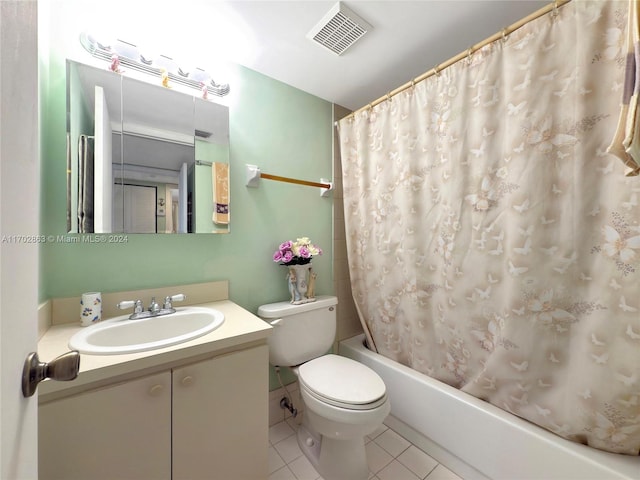 full bathroom featuring vanity, tile patterned flooring, shower / bathtub combination with curtain, and toilet