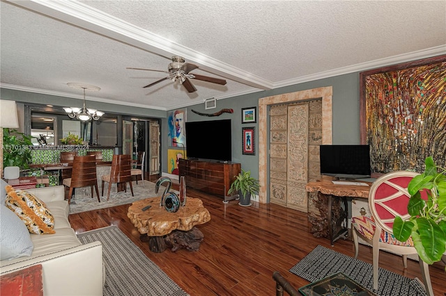 living room with crown molding, a textured ceiling, and hardwood / wood-style flooring