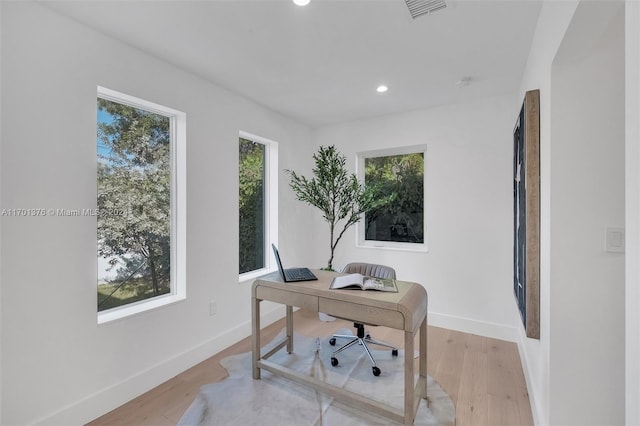 office featuring a wealth of natural light and light hardwood / wood-style flooring