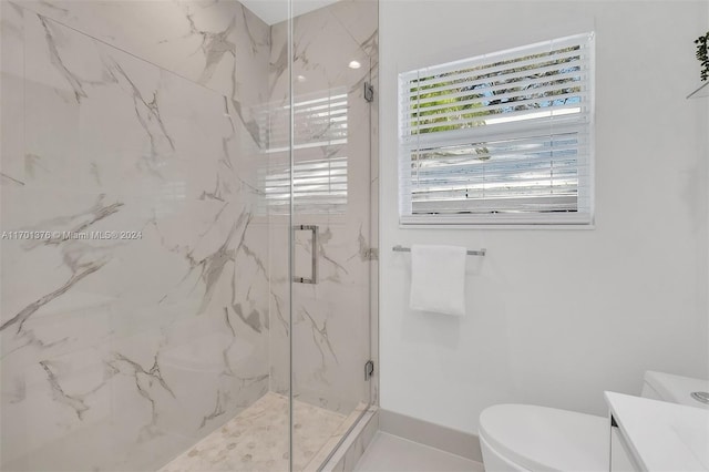 bathroom featuring toilet, vanity, and walk in shower