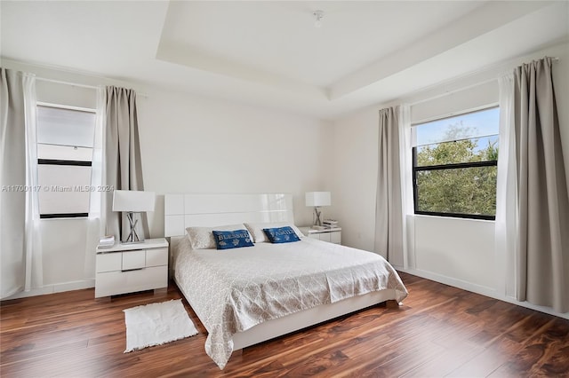 bedroom featuring dark hardwood / wood-style floors and a tray ceiling