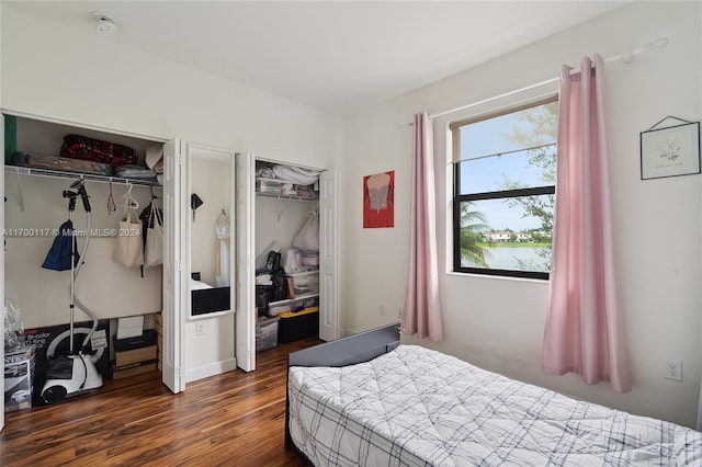 bedroom with dark hardwood / wood-style flooring, a water view, and a closet