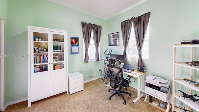 view of carpeted home office