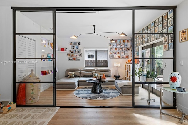 living room with wood-type flooring and a wall of windows