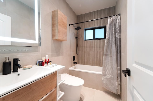 full bathroom with tile walls, shower / tub combo, vanity, decorative backsplash, and toilet