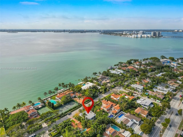 drone / aerial view featuring a water view