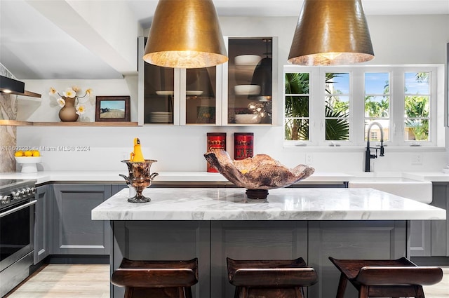 kitchen featuring gray cabinets, light stone countertops, light hardwood / wood-style floors, and stainless steel range oven