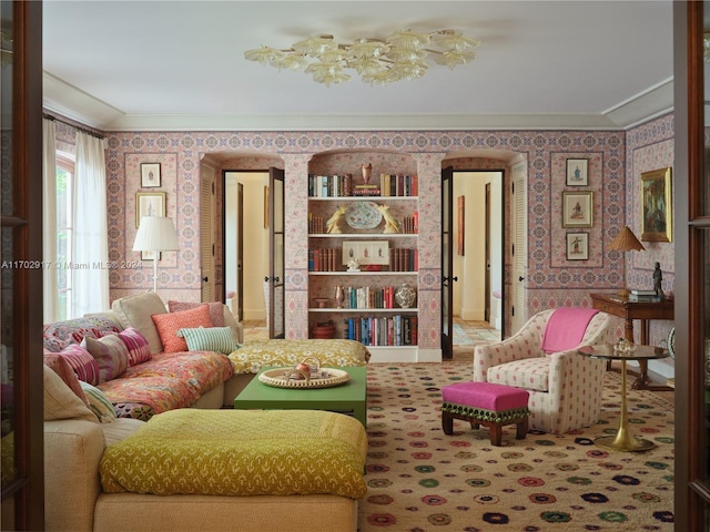 sitting room with carpet floors and crown molding