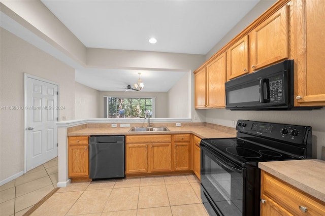 kitchen featuring ceiling fan, sink, kitchen peninsula, light tile patterned floors, and black appliances