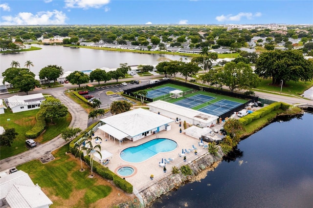 drone / aerial view featuring a water view