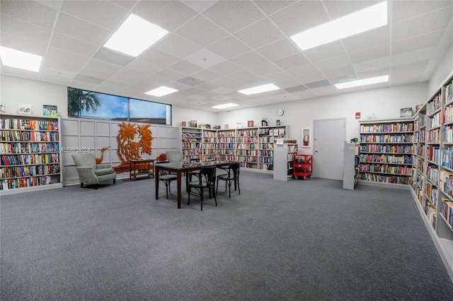 interior space with carpet flooring and a paneled ceiling