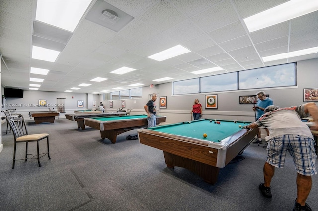 rec room with a drop ceiling, carpet floors, and billiards