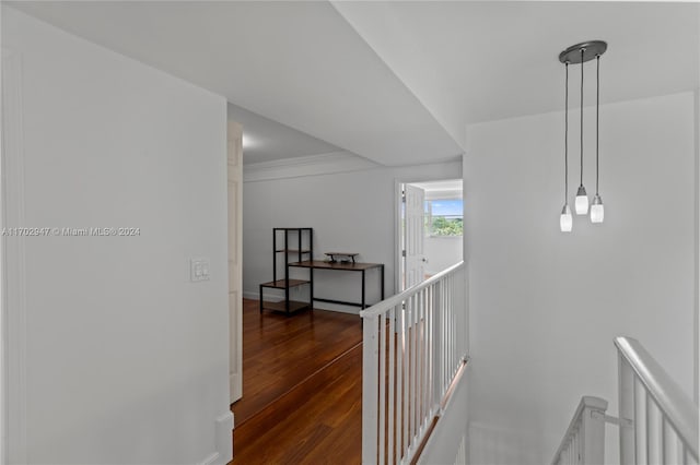 hallway with dark wood-type flooring and ornamental molding