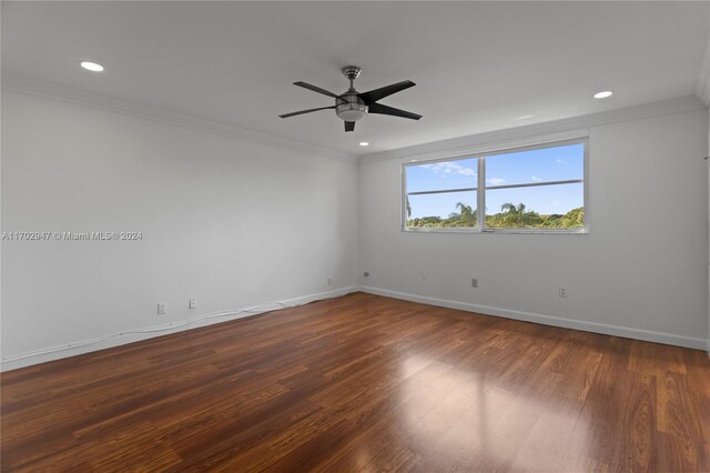 unfurnished room with wood-type flooring, ceiling fan, and ornamental molding