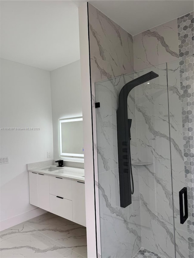 bathroom featuring vanity and walk in shower