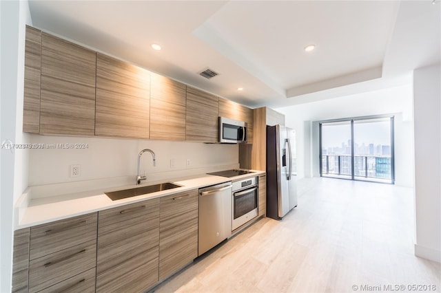 kitchen with a tray ceiling, sink, stainless steel appliances, and light hardwood / wood-style flooring