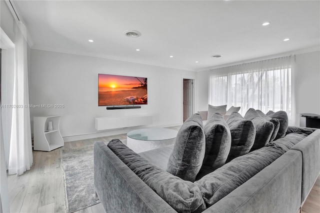 living room featuring crown molding and light hardwood / wood-style flooring