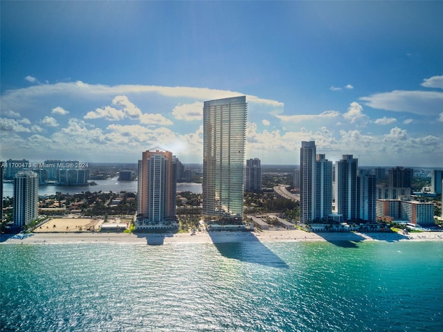 view of city with a water view and a view of the beach