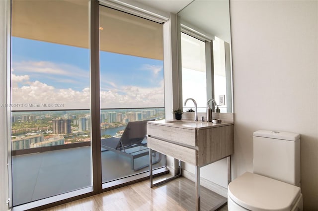 bathroom with a water view, toilet, hardwood / wood-style flooring, and sink