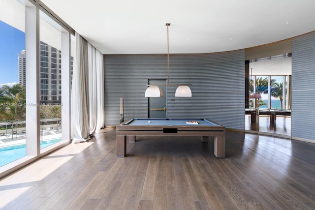 playroom with hardwood / wood-style floors, a healthy amount of sunlight, and billiards