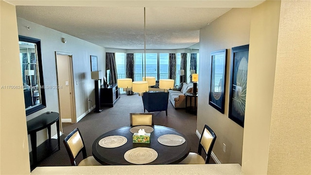 carpeted dining area with a textured ceiling and a water view