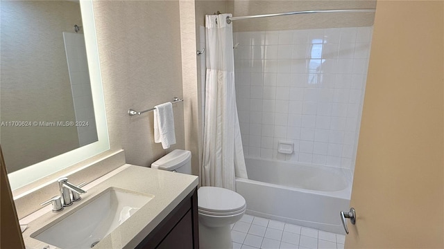 full bathroom featuring vanity, tile patterned flooring, shower / bathtub combination with curtain, and toilet