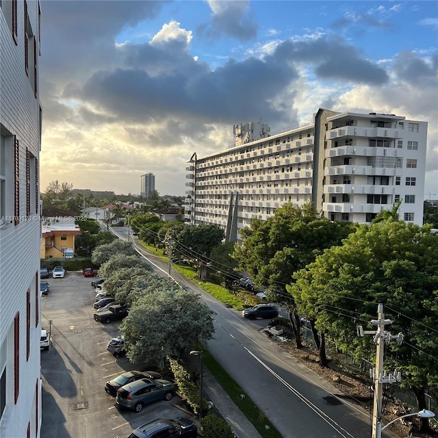 view of outdoor building at dusk