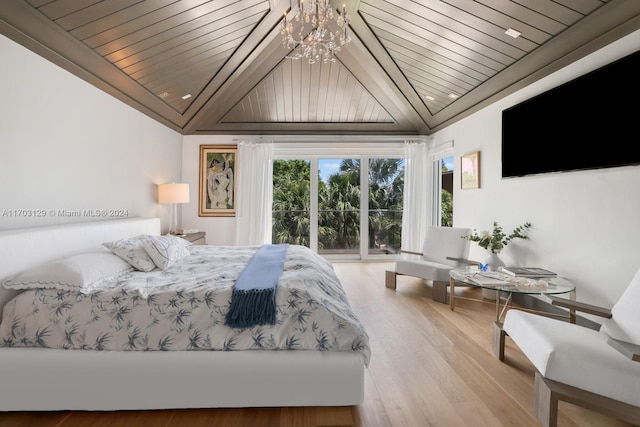 bedroom with light wood-type flooring, an inviting chandelier, lofted ceiling, and wood ceiling