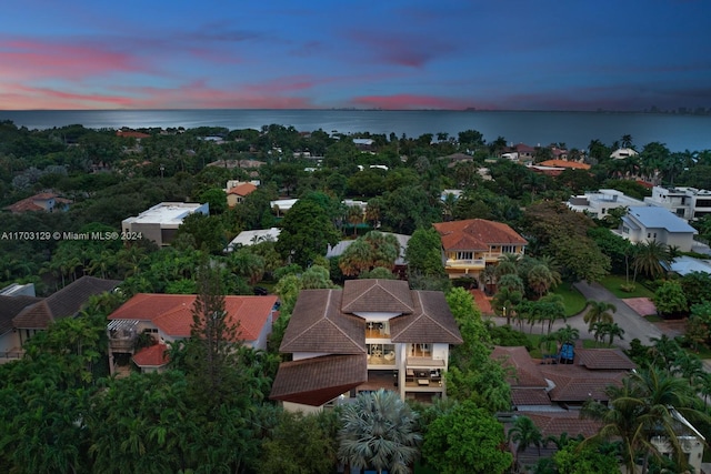 aerial view at dusk with a water view