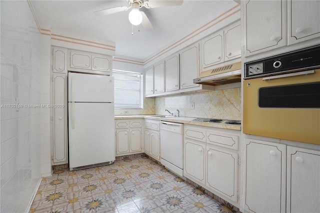 kitchen featuring white cabinets, white appliances, ceiling fan, and crown molding