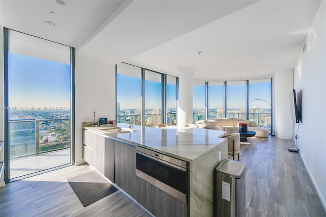 kitchen featuring light wood-type flooring, light stone counters, and floor to ceiling windows