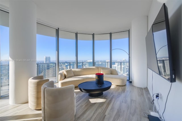 living room with floor to ceiling windows and light hardwood / wood-style flooring