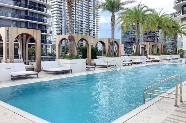 view of swimming pool with a patio area