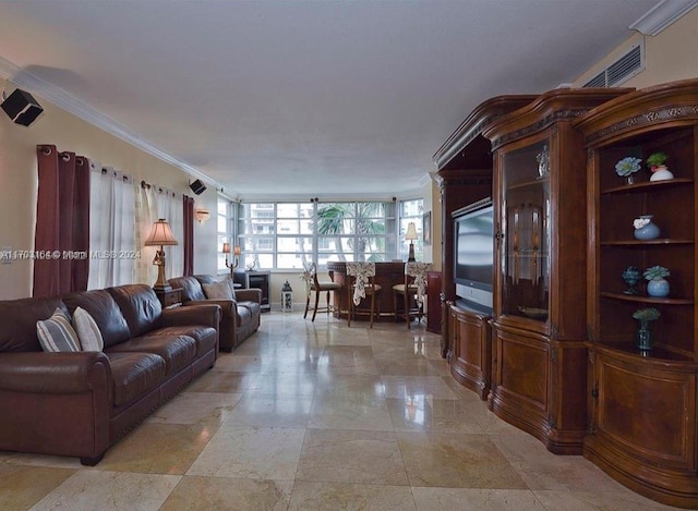 living room with crown molding