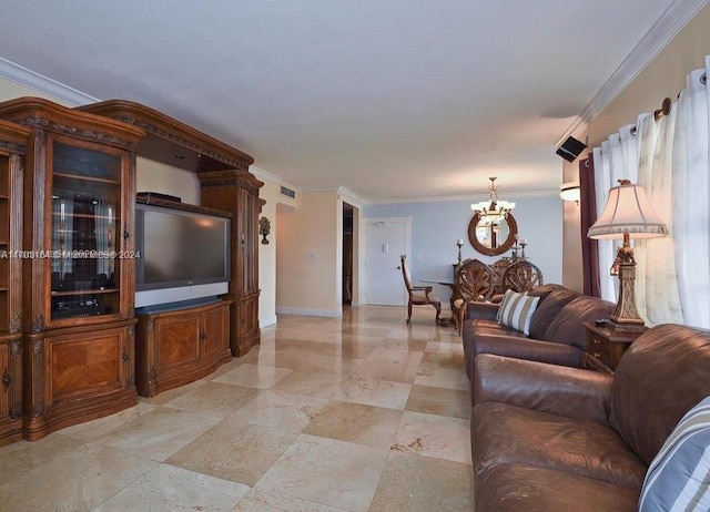 living room featuring a chandelier and ornamental molding