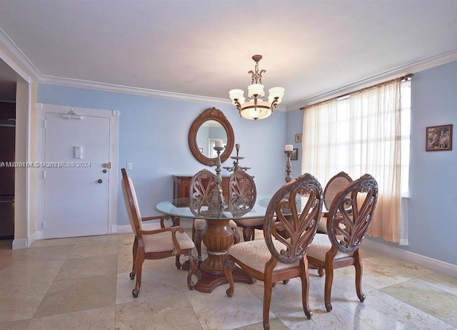 dining area featuring ornamental molding and a notable chandelier