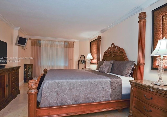 tiled bedroom featuring crown molding