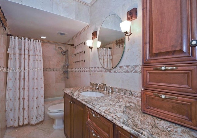 full bathroom with vanity, shower / bath combo, crown molding, toilet, and tile walls