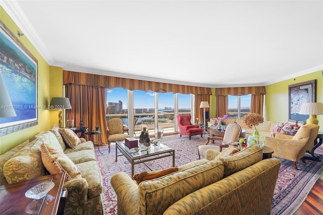 living room featuring hardwood / wood-style floors and ornamental molding