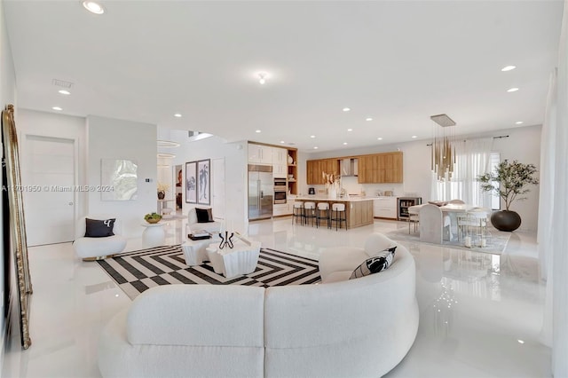 living room with light tile patterned flooring