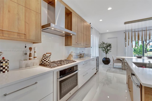 kitchen with light brown cabinetry, wall chimney exhaust hood, stainless steel appliances, white cabinetry, and wine cooler