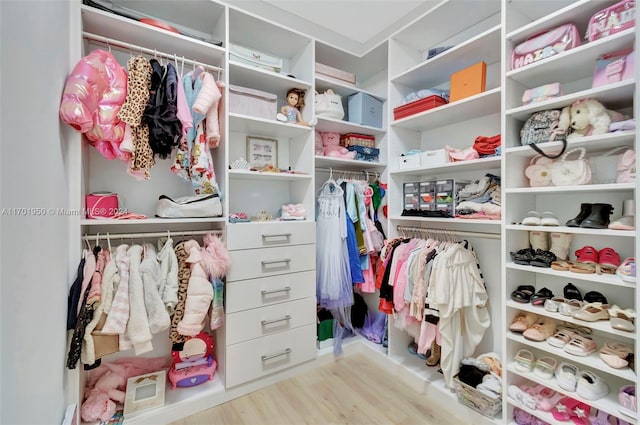 walk in closet with light hardwood / wood-style floors