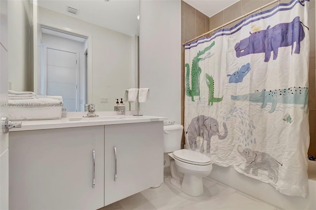 full bathroom featuring vanity, shower / tub combo, and toilet