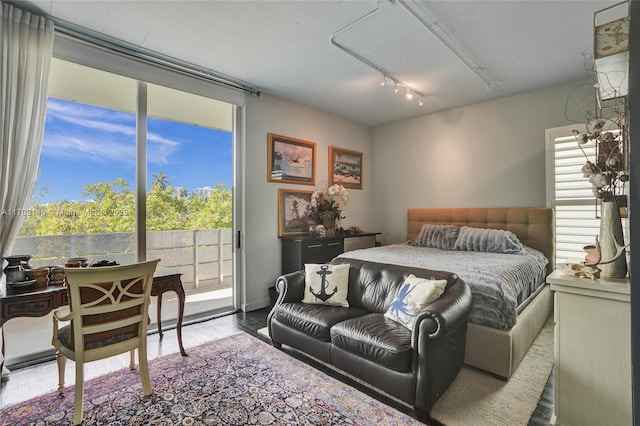 bedroom with multiple windows, hardwood / wood-style floors, track lighting, and access to exterior