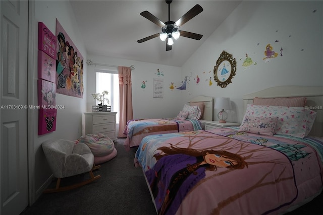 carpeted bedroom with ceiling fan and lofted ceiling