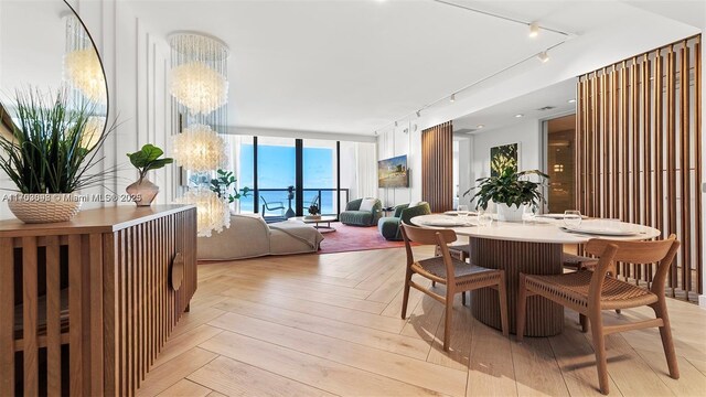 dining space with rail lighting, a water view, expansive windows, and a notable chandelier