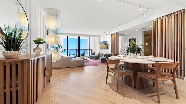 dining space with light parquet floors, rail lighting, expansive windows, and a chandelier