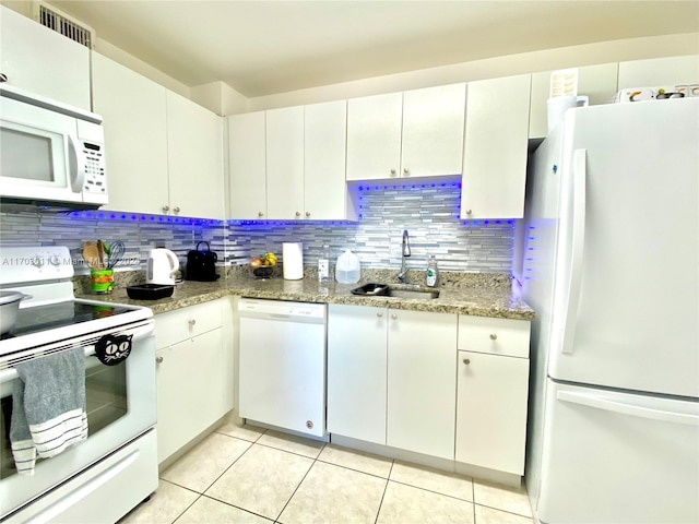 kitchen featuring backsplash, white cabinetry, white appliances, and sink