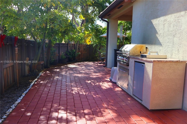 view of patio featuring area for grilling, a fenced backyard, and a grill