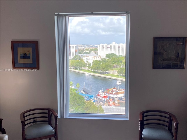 room details featuring a water view